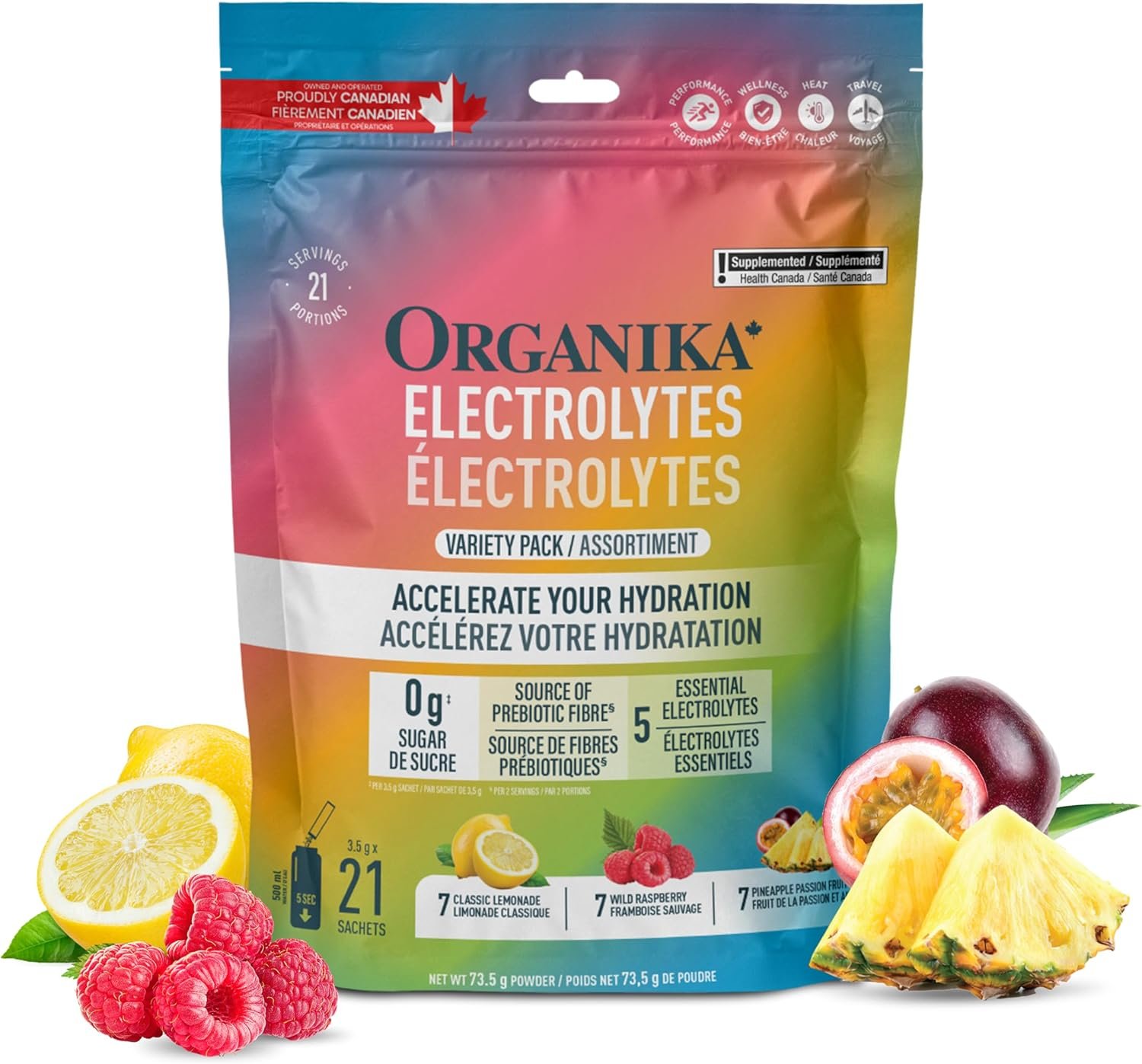 Organika Canadian-Made Electrolytes Powder with Vitamin C & Prebiotic Fibre - Sugar-Free Hydration Drink Mix Variety Pack