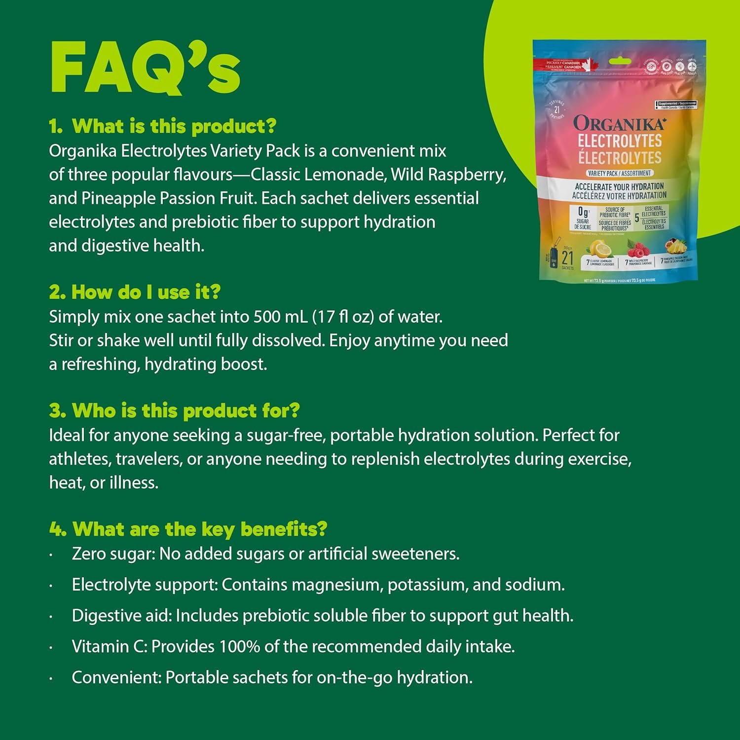 Organika Canadian-Made Electrolytes Powder with Vitamin C & Prebiotic Fibre - Sugar-Free Hydration Drink Mix Variety Pack